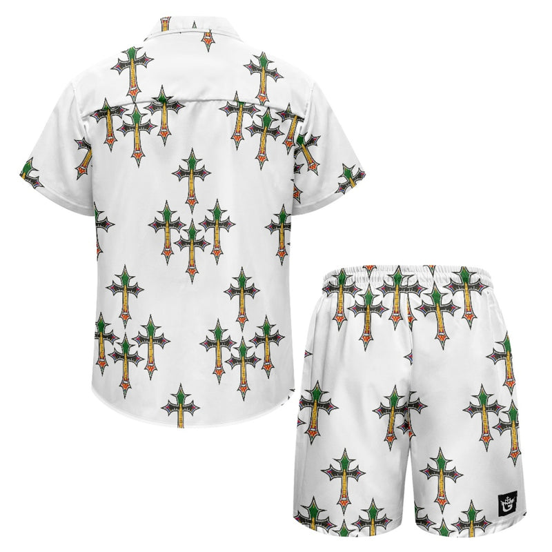 TMMG HAITI HAITIAN FLAG CROSS PRINT CABANA SET showcasing a white shirt and shorts with bold cross print design.