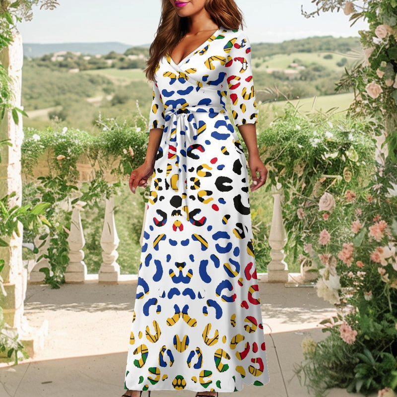 TMMG HAITI HAITIAN FLAG LEOPARD V-neck Maxi Dress