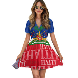 TMMG HAITI HAITIAN FLAG Ladies V-neck Short-Sleeved Dress