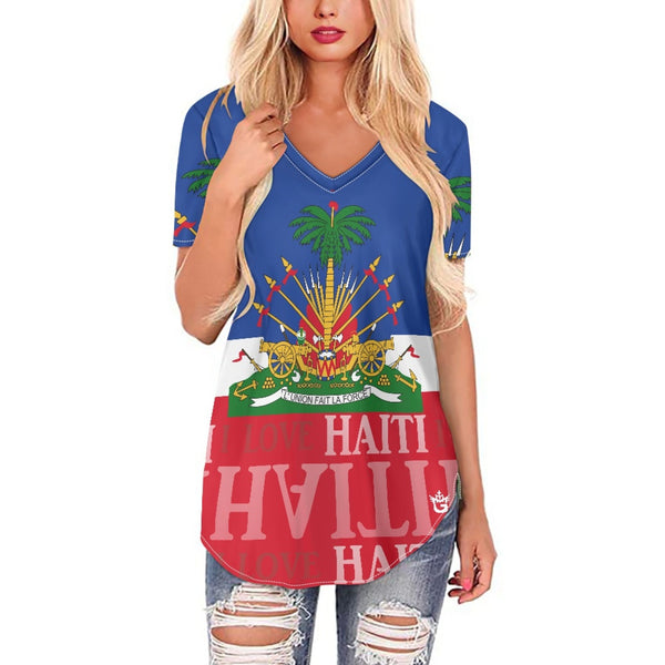 TMMG HAITI HAITIAN FLAG Long hem women's V-neck top