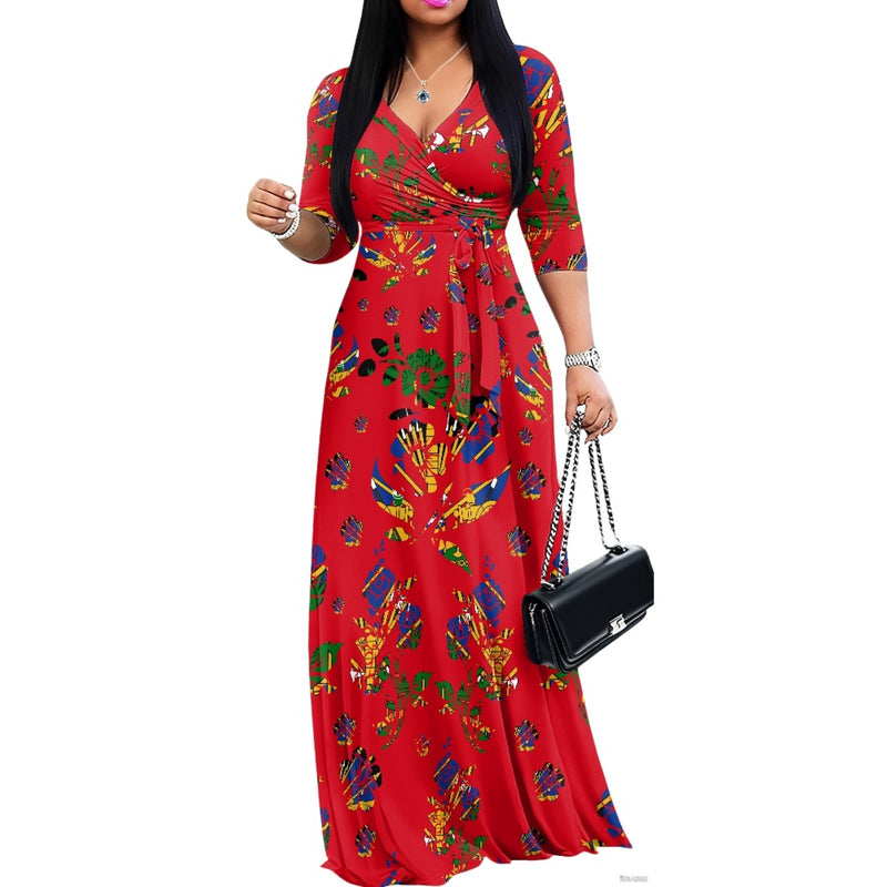 TMMG HAITI HAITIAN FLAG RED CHOUBLAK V-neck Maxi Dress