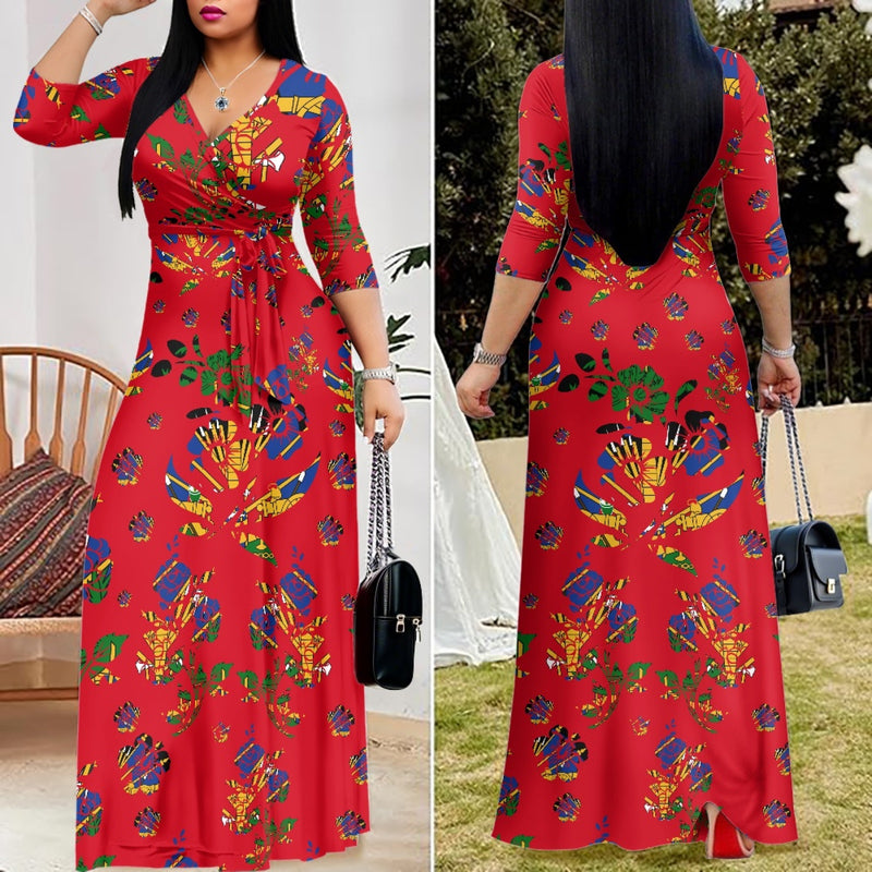 TMMG HAITI HAITIAN FLAG RED CHOUBLAK V-neck Maxi Dress