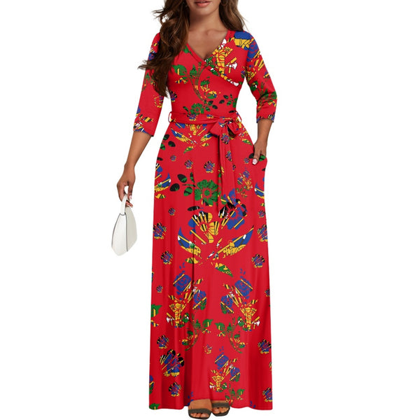 TMMG HAITI HAITIAN FLAG RED CHOUBLAK V-neck Maxi Dress