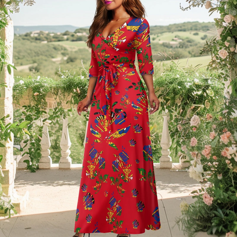 TMMG HAITI HAITIAN FLAG RED CHOUBLAK V-neck Maxi Dress