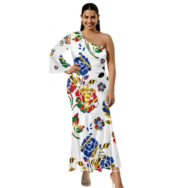 TMMG HAITI Haitian Flag Choublak Single Long Sleeve Off-Shoulder fishtail dress