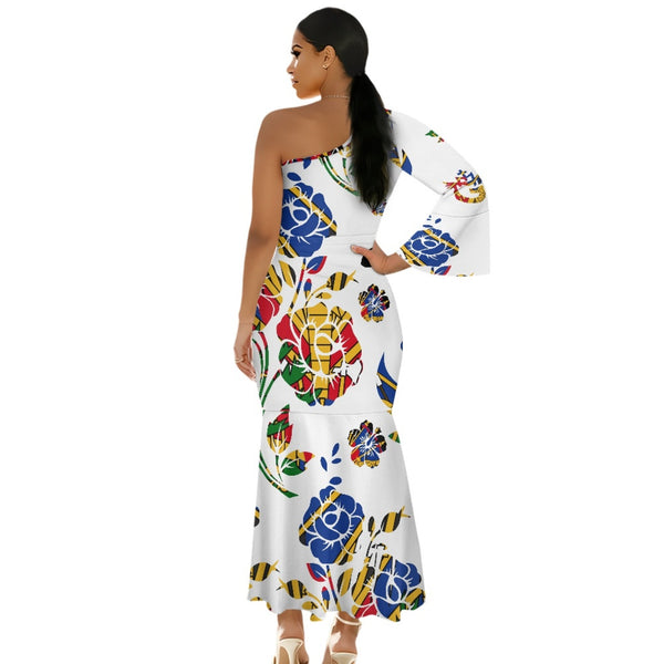 TMMG HAITI Haitian Flag Choublak Single Long Sleeve Off-Shoulder fishtail dress
