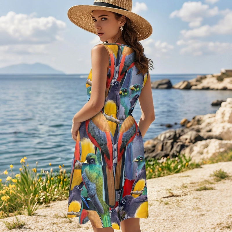 TMMG HAITI TROGON BIRD Women's Sleeveless Round Neck Patchwork Skirt