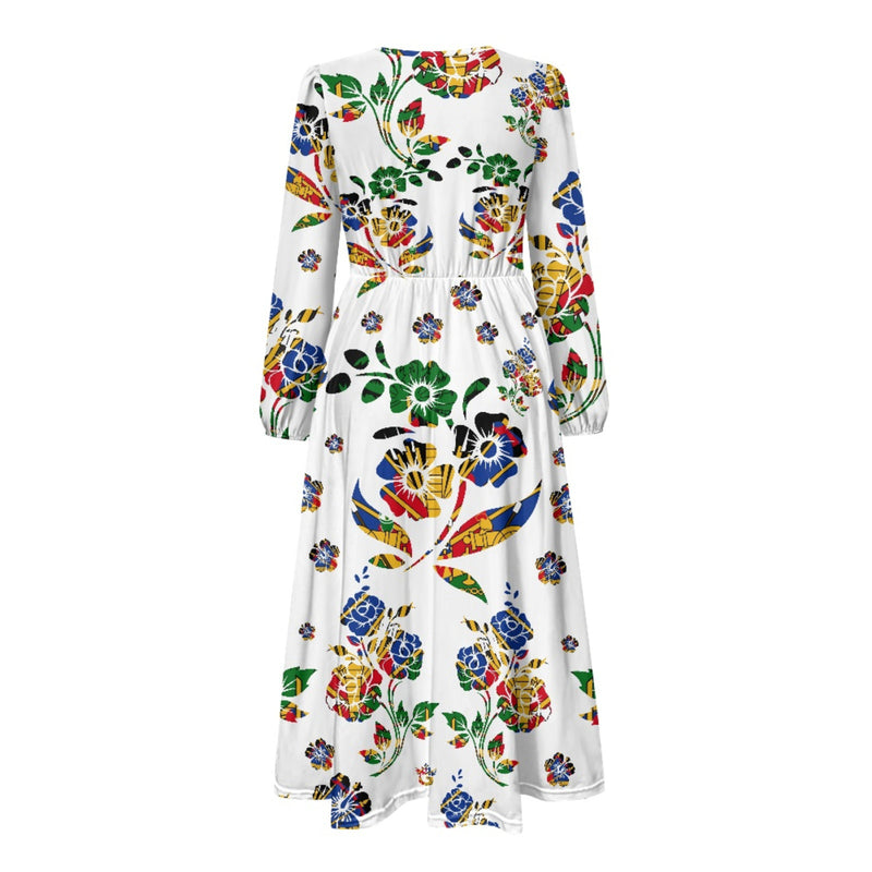 TMMG HAITI V-Neck Long Sleeve Tie Waist Midi Dress – Haitian Flag Choublak Hibiscus Pattern