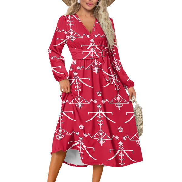 TMMG HAITI VOODOO OGOU FERAY TMMG HAITI VOODOO OGOU FERAY V Neck Long Sleeve Tie Waist Midi Dress