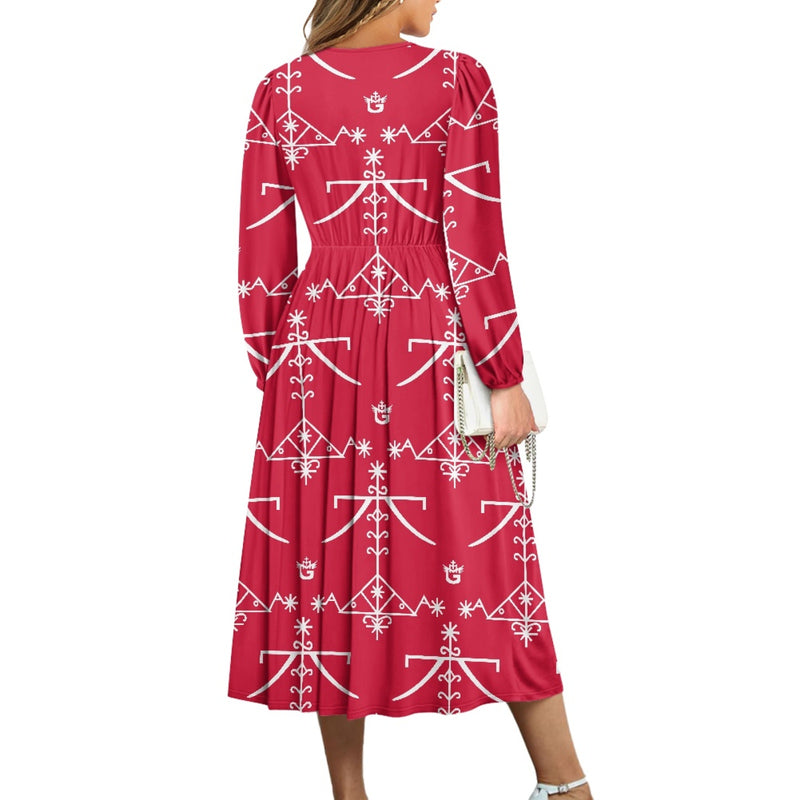TMMG HAITI VOODOO OGOU FERAY TMMG HAITI VOODOO OGOU FERAY V Neck Long Sleeve Tie Waist Midi Dress