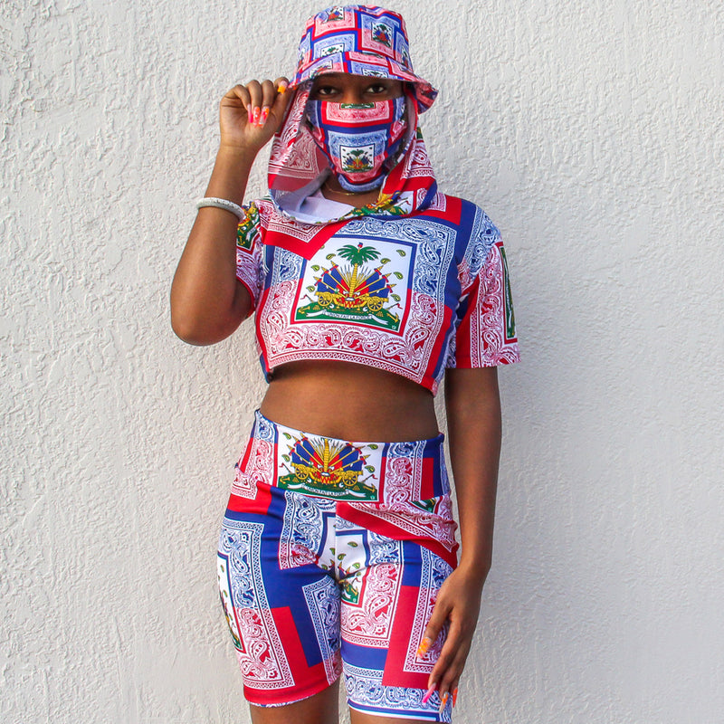 TMMG HAITIAN FLAG BANDANA ALL OVER CROP TOP HOODIE BIKER SHORT SET