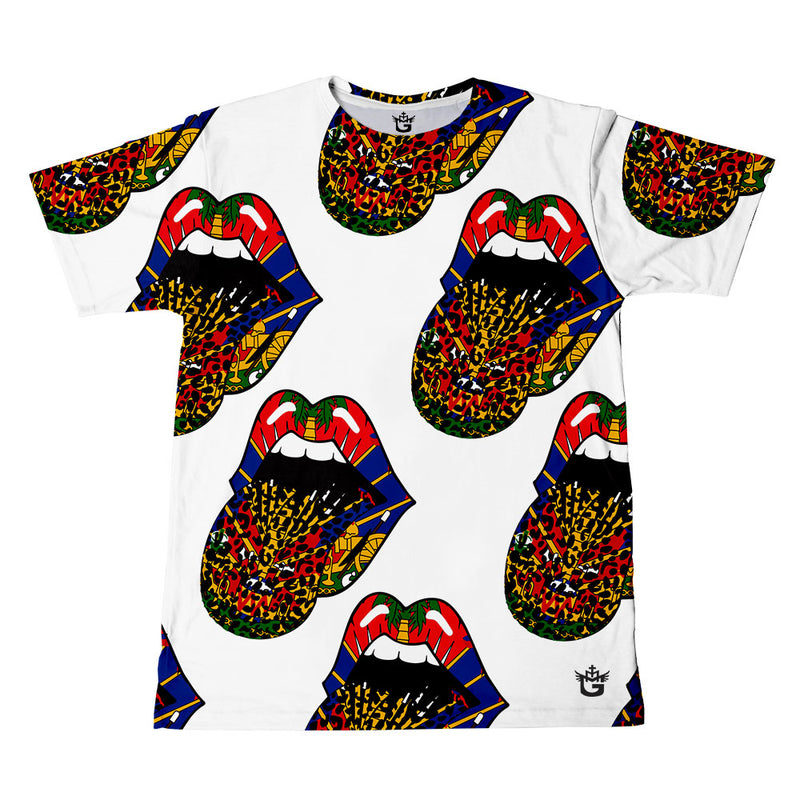 TMMG HAITI DAZZLING HAITIAN LIPS LEOPARD ALL OVER PRINT TONGUE OUT COLLECTION T-SHIRT