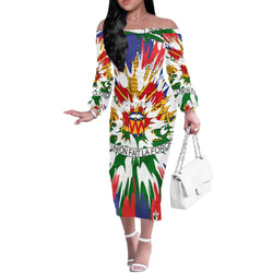 TMMG HAITI HAITIAN FLAG TIE DYE STYLE LONG SLEEVE OFF SHOULDER DRESS