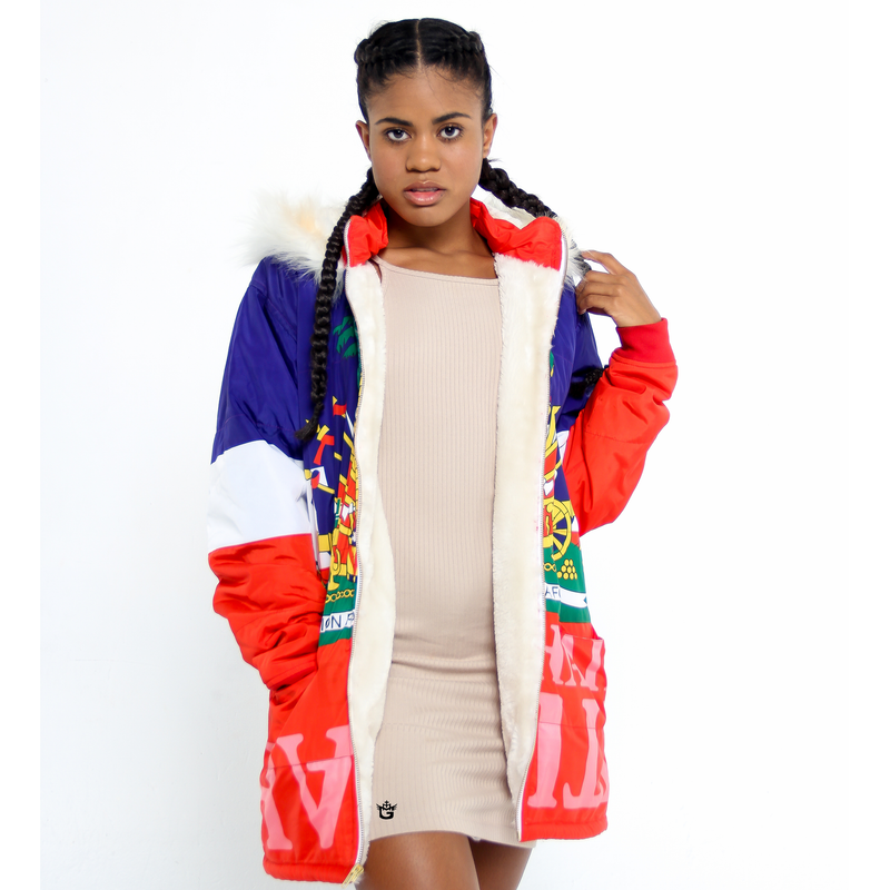 WINTER COAT TMMG HAITIAN FLAG DETACHABLE FUR HOODIE JACKET