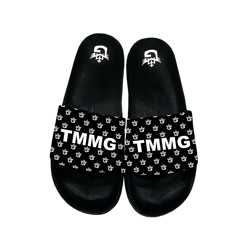 Black TMMG Letters and TMMG Logo Lifestyle Luxury Slide Sandals